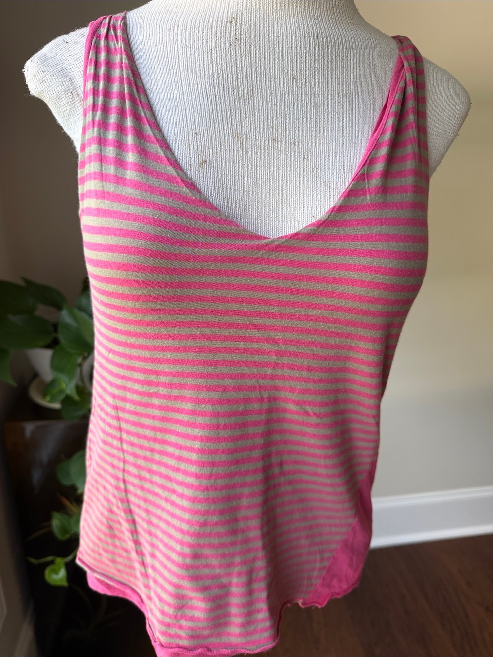 Ted Baker Pink and Light Gray Striped V-Neck Tank Top